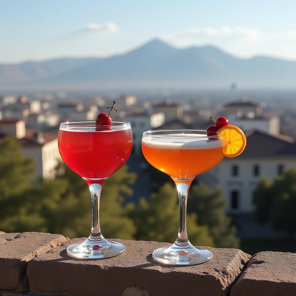 Se ve en primer plano dos cocteles y de fondo la ciudad de Ereván y el monte ararat