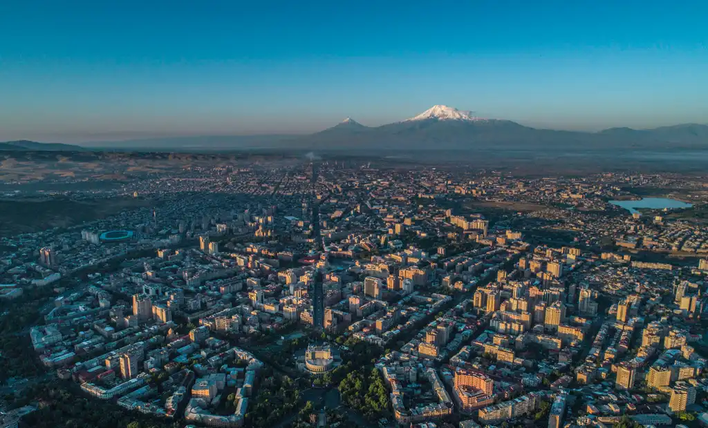 Shows aerial photo of the city of Yerevan in Armenia
