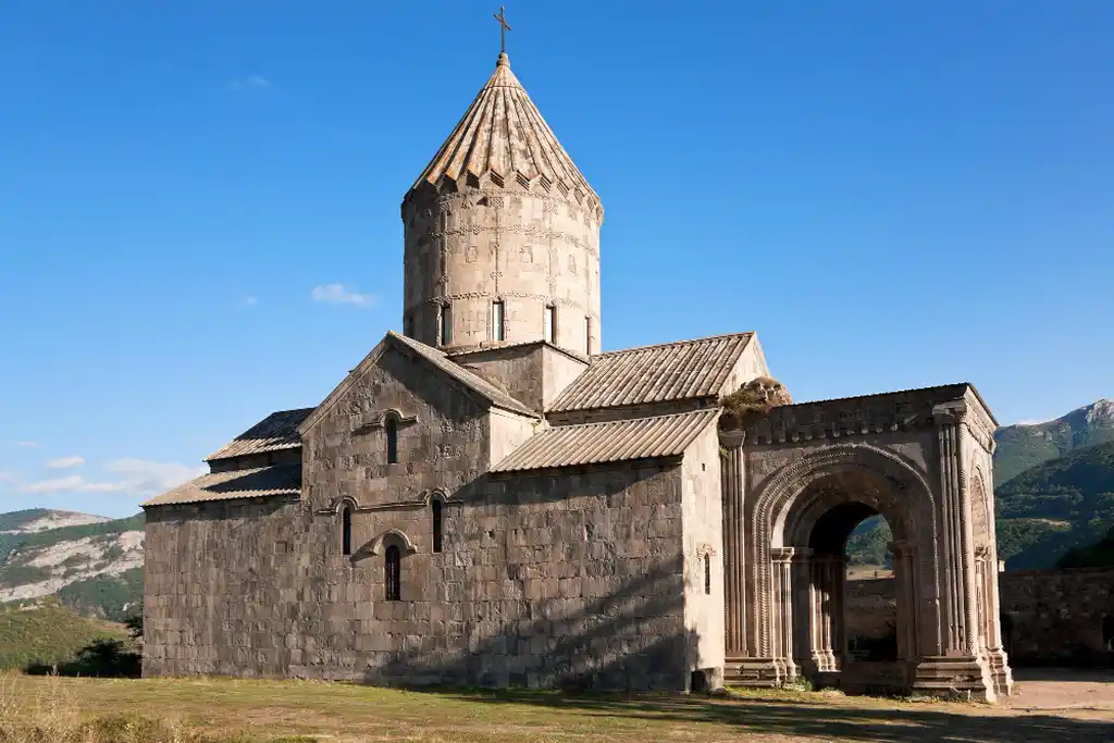 In the image you can see the Tatev Monastery on a sunny day while sightseeing in Armenia
